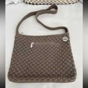 The Sak Crochet Knit Woven Handmade Boho Shoulder Handbag Purse Dark Tan